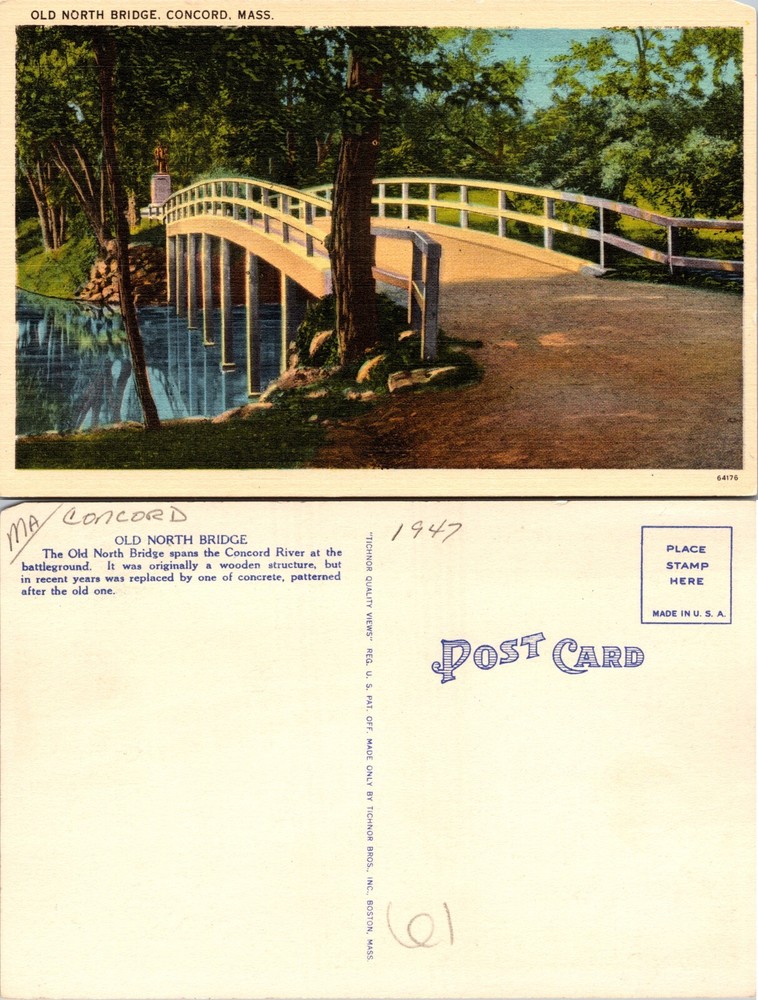 Massachusetts MA Old North Bridge over Concord River Postcard