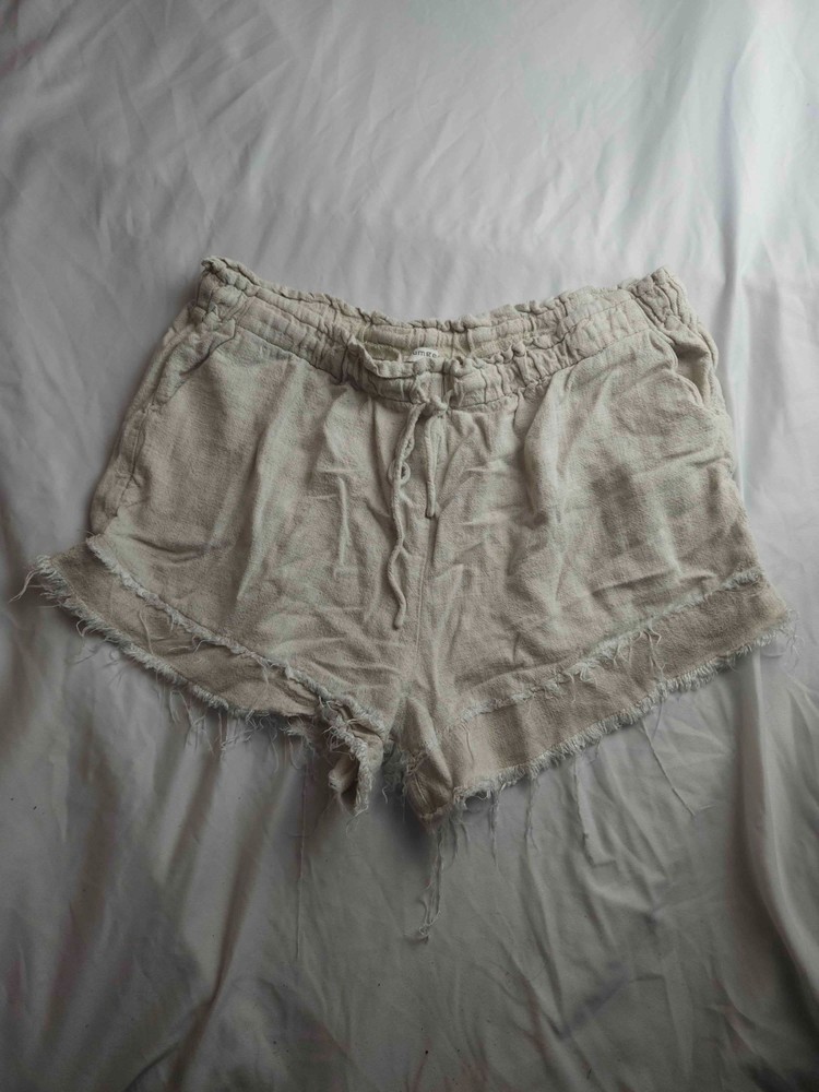 Umgee Shorts Womens Large Beige Linen Blend Drawstring Frayed Hem Casual Preppy
