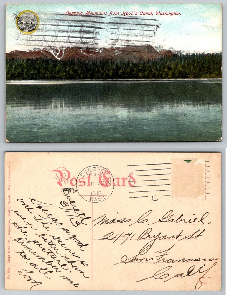 1913 Olympic Mountains Hood's Canal Washington Postcard Hopf Bros Seattle WA