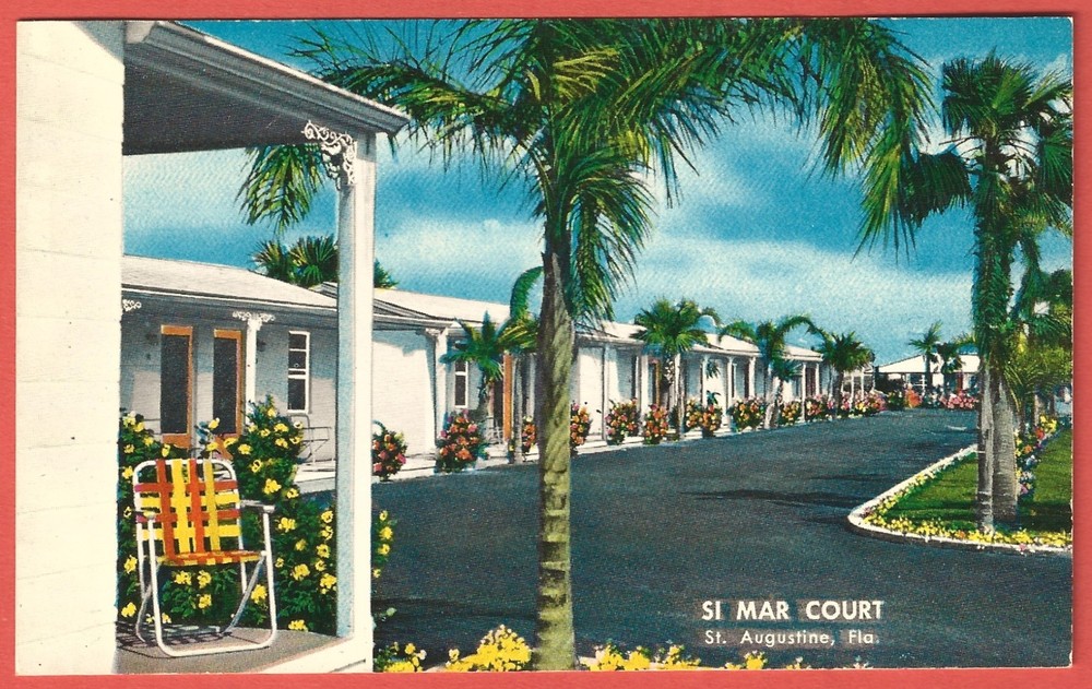 SI MAR DISTINCTIVE COURT, ST. AUGUSTINE, FLORIDA – Artist Sketch  1950s Postcard