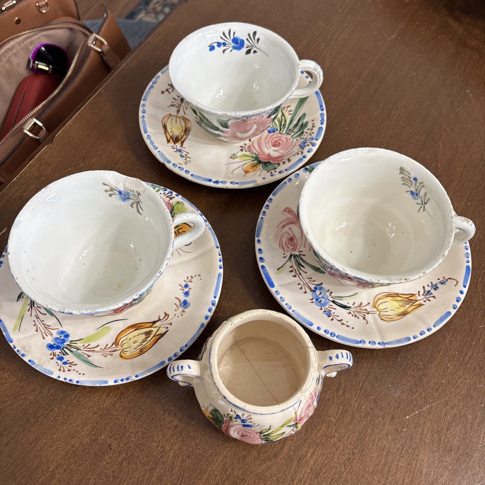 3 Nove Rose Italian Hand Painted Floral Faience Majolica Pottery Cups & Saucers