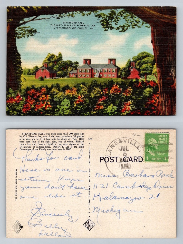 Westmoreland County VA-Virginia Stratford Hall Robert Lee Vintage c1947 Postcard