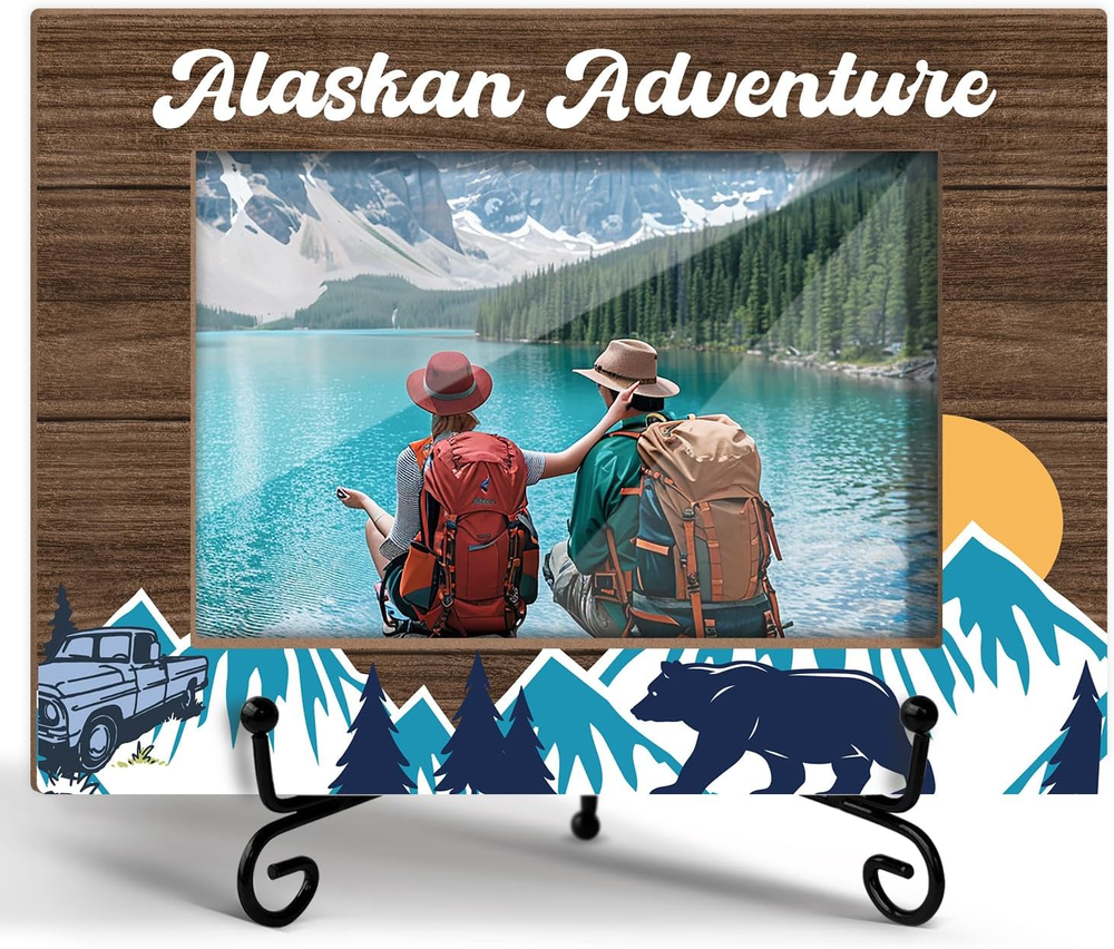 Alaskan Adventure Photo Frame, Wooden Picture Frame with Stand, Alaska Gifts Vac
