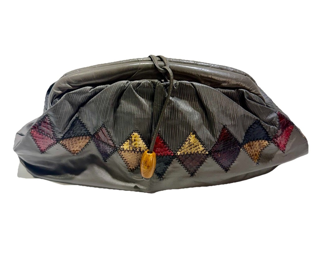 Vintage Leather Harlequin Snakeskin Patchwork Drawstring Boho Purse  
