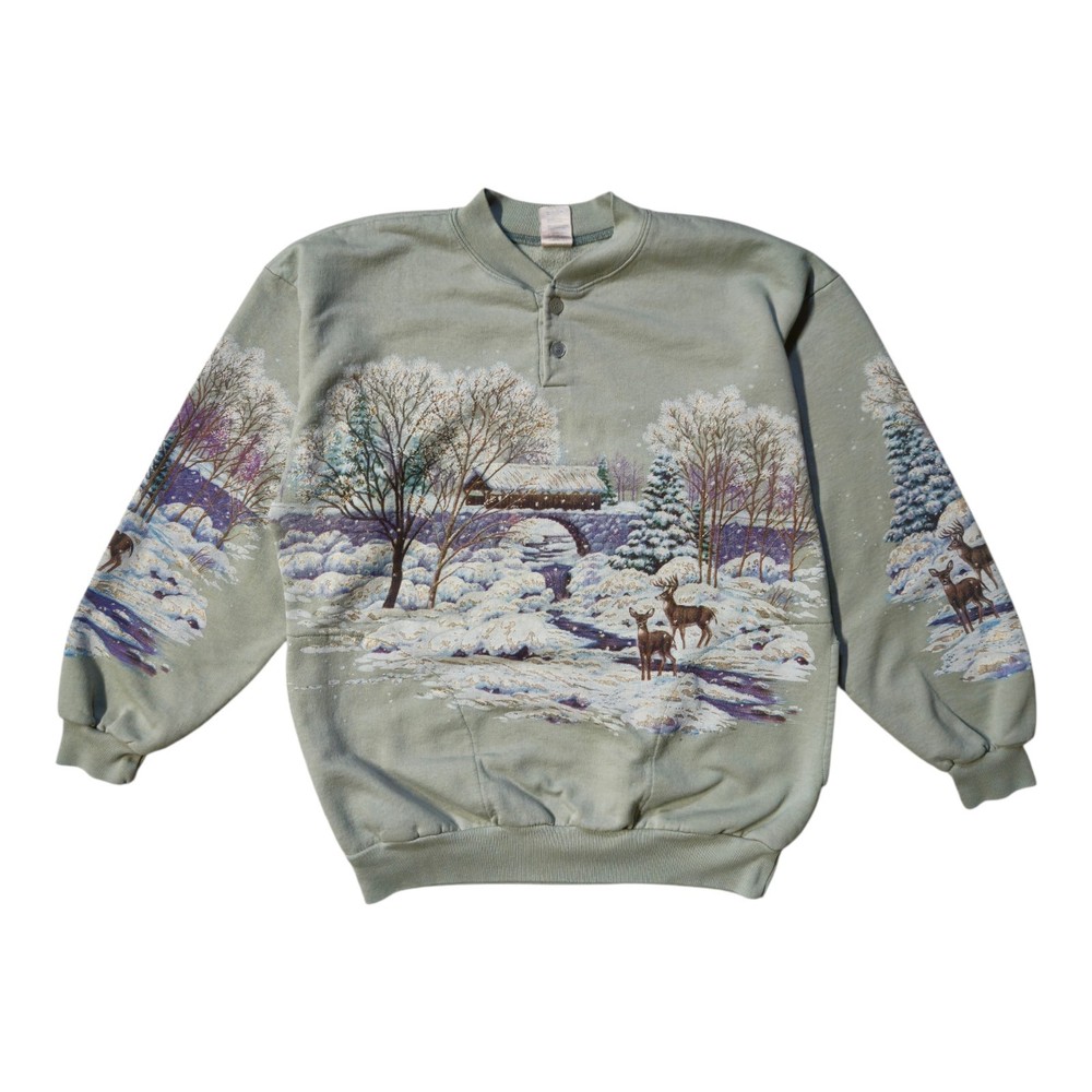 Vintage Grannycore Nature Winterscape Deer Wraparound Print Henley Sweatshirt