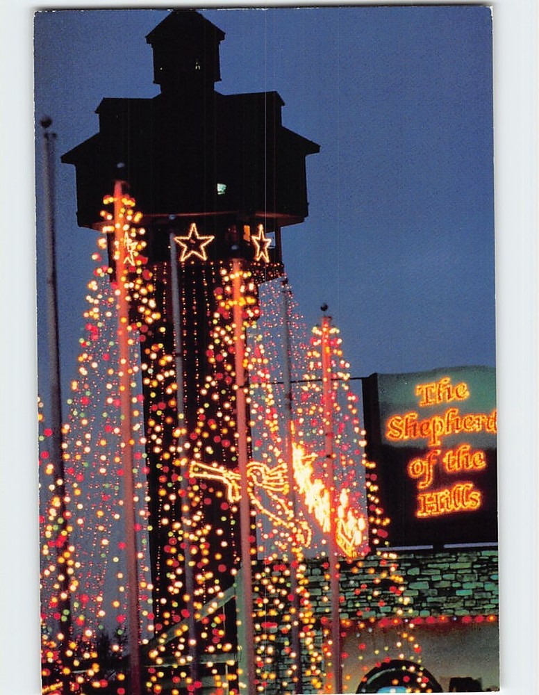 Postcard Christmas lighting display Shepherd Of The Hills Branson Missouri USA