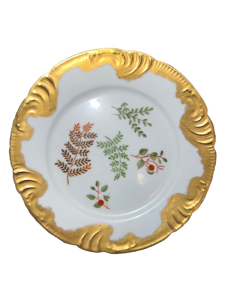 Limoges France Gold Trim Plate Late 1800s Botanical Leaves Ferns CFH/GDM Rare