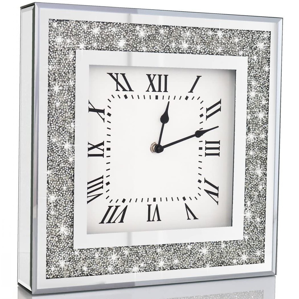 Sparkling Crystal Diamond Mirrored Square Wall Clock with Bling