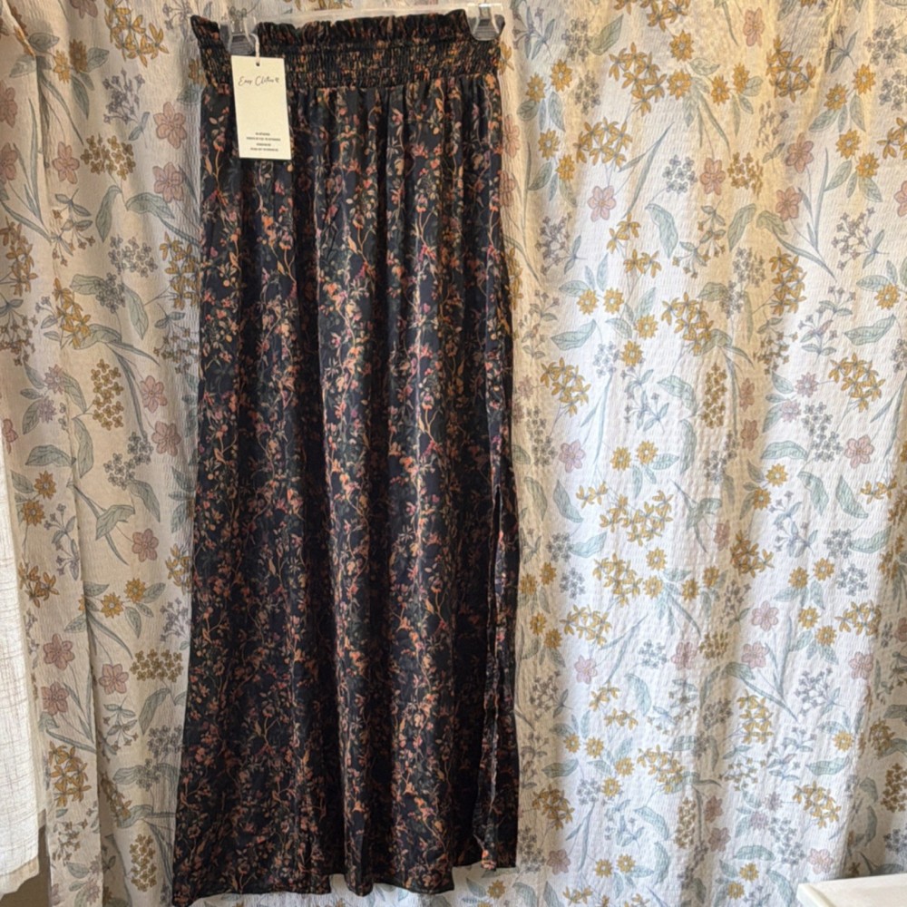 Eve Clarke Black Multicolor Floral Long A-Line Skirt Elastic Waist Size M
