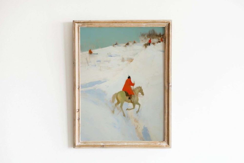 Soft Antique Equestrian Art Print Winter Countryside Oil Painting Rustic Lodge