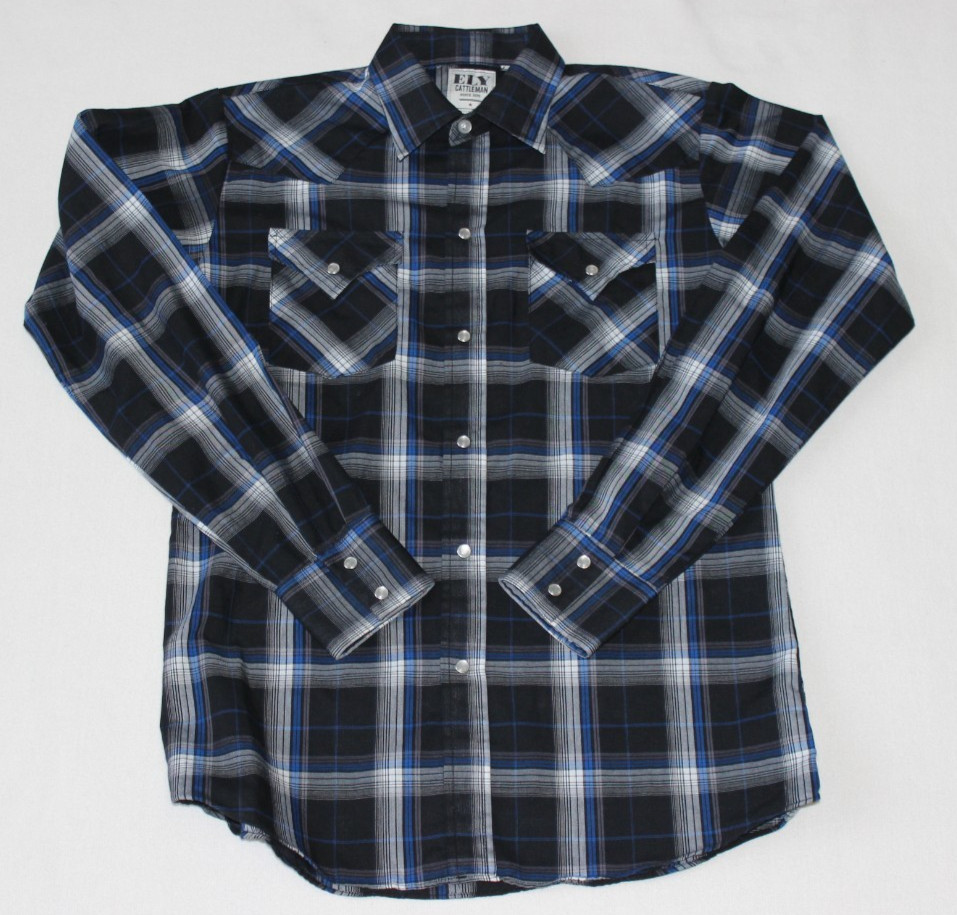 Ely Cattleman Boys' Pearl Snap Shirt Size 16 Black Blue Plaid Long Sleeve