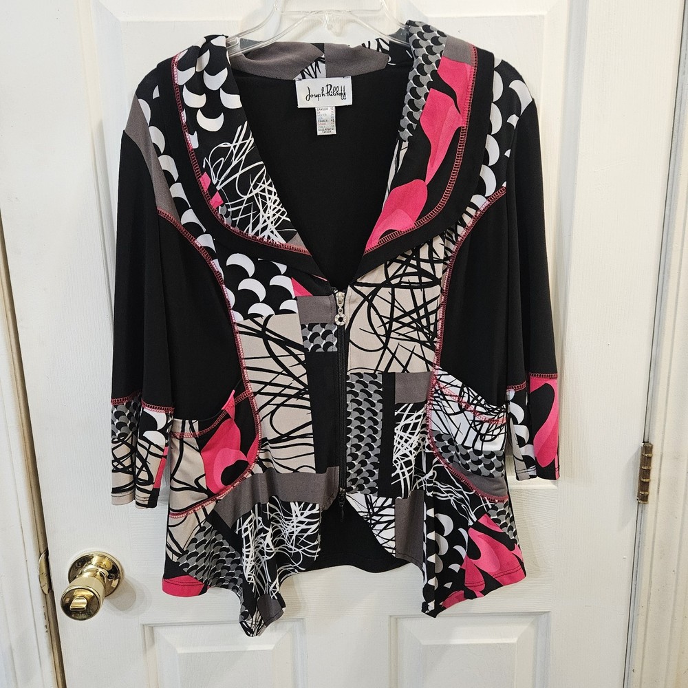 Joseph Ribkoff zip-up featuring a bold abstract patchwork Size 12