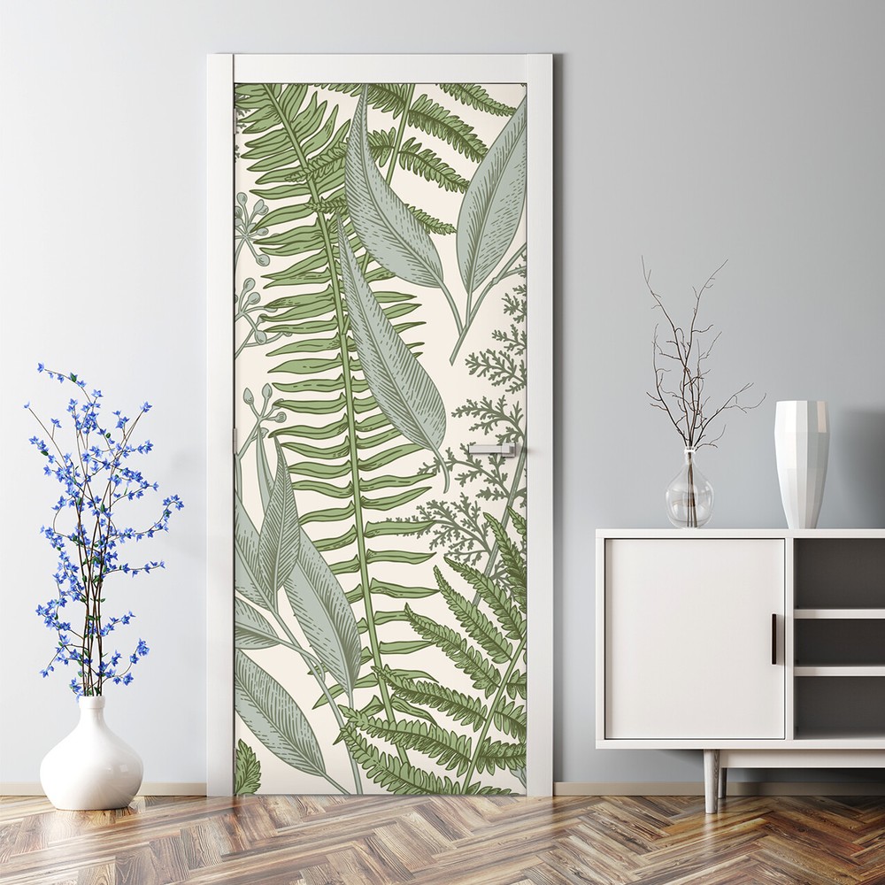 Bubble-free fern door sticker in green and beige for home decor