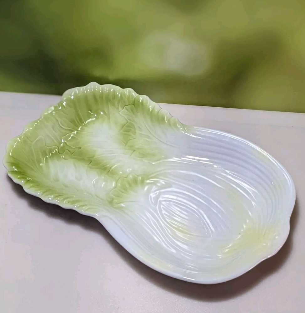 Vth Ceramic Cabbage Leaf Serving Dish Green & White Majolica Style Platter EUC