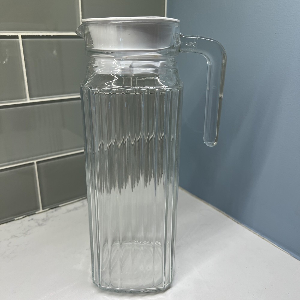 Vintage ARC France Clear Ribbed Square Glass Carafe Pitcher with Lid for Juice Milk Water  