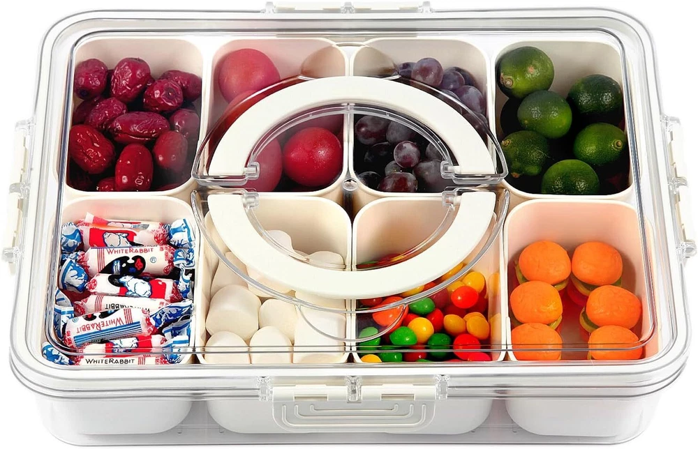 Snackle Box Container, Divided Serving Tray 8 Compartment, White