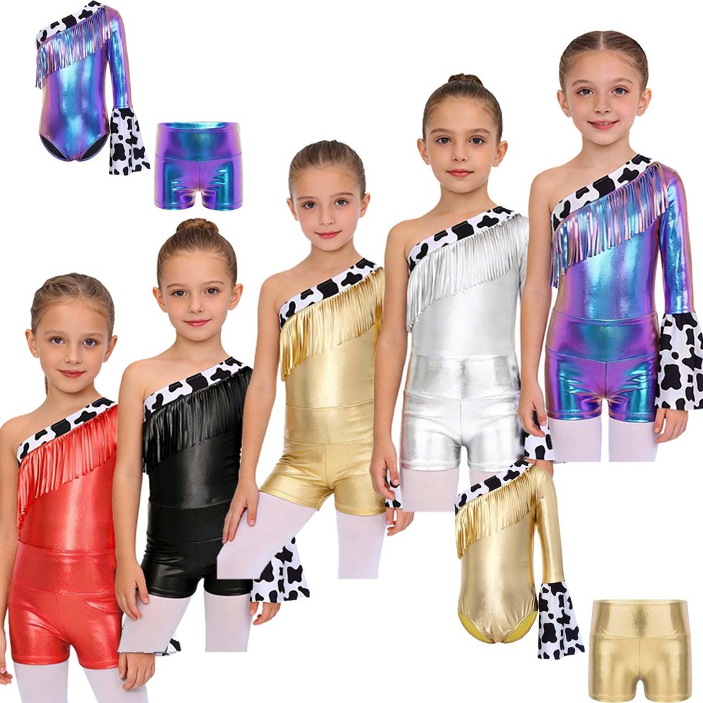 Kids Western Outfit Metallic Leotard Bodysuit with Shorts Cowgirl Sets Halloween