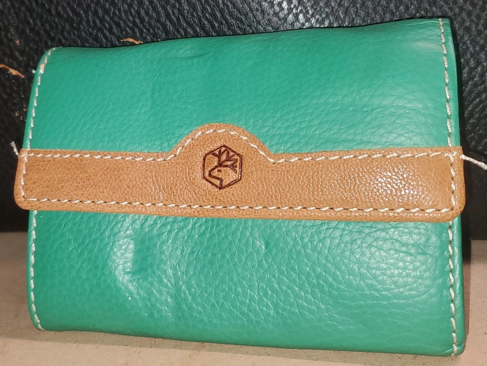Valentina Italian Leather Tab Close Clutch Wallet in Dark Green and Cognac