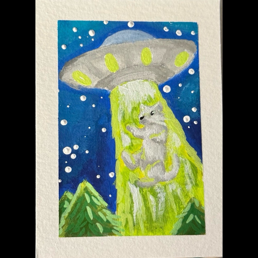 ACEO Original Acrylic 2.5x3.5 Grey Cat In UFO Green Beam