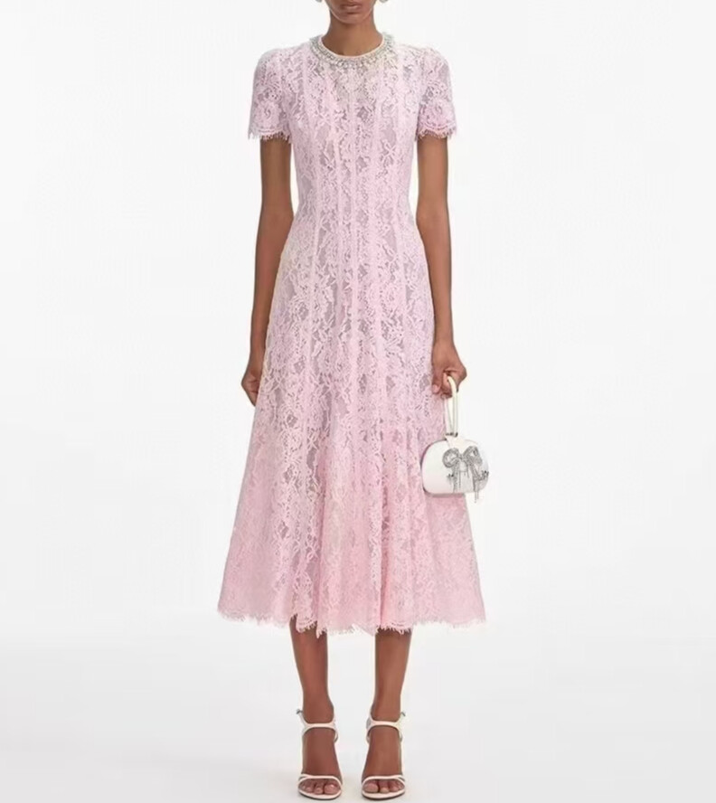 NEW Self-Portrait Pink Lace Round Neck Short Sleeve A-line Midi Dress