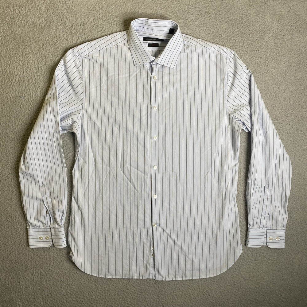 John Varvatos Shirt Mens 16 34-35 Blue Striped Button Up Long Sleeve Preppy Slim