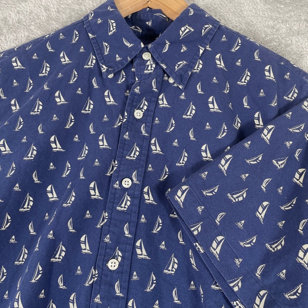 Ralph Lauren Button Down Shirt Mens Medium Blue Sailboat Print Nautical Preppy
