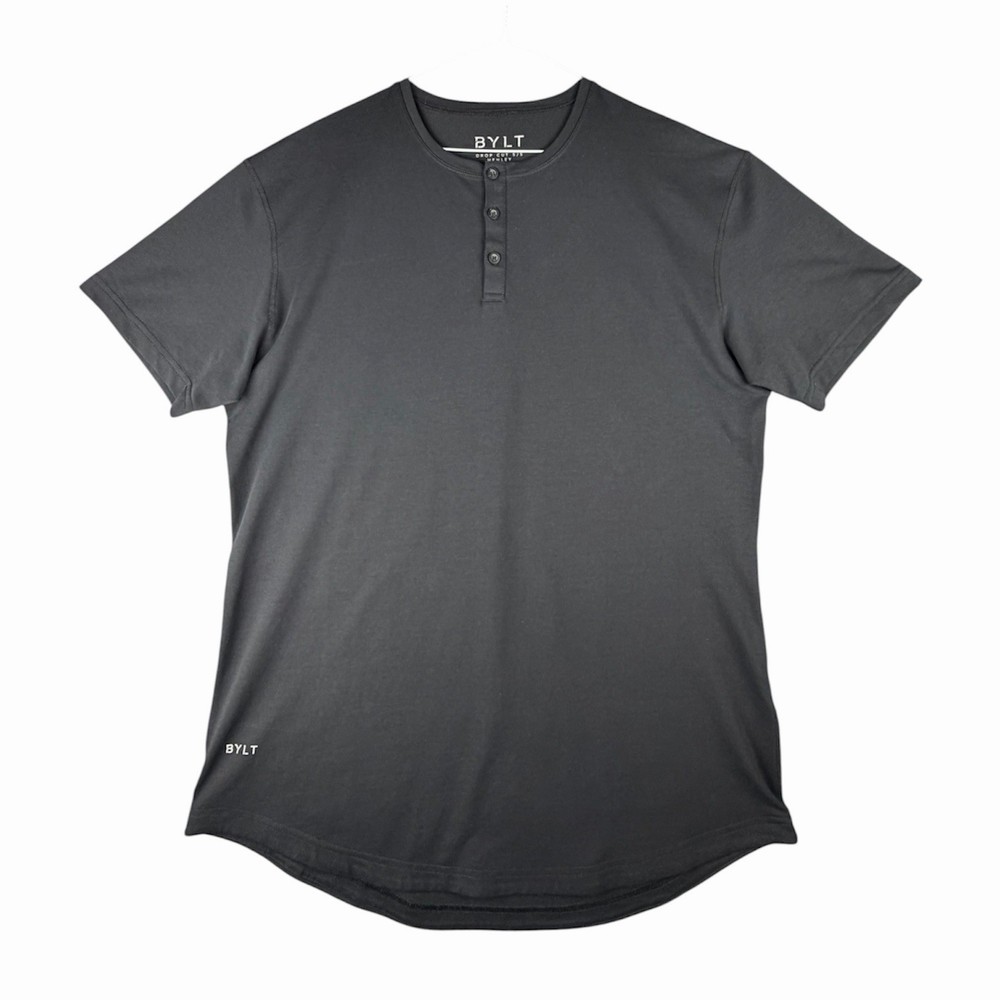 BYLT Drop Cut Lux Short Sleeve Henley Shirt Performance Black Men's Size Large