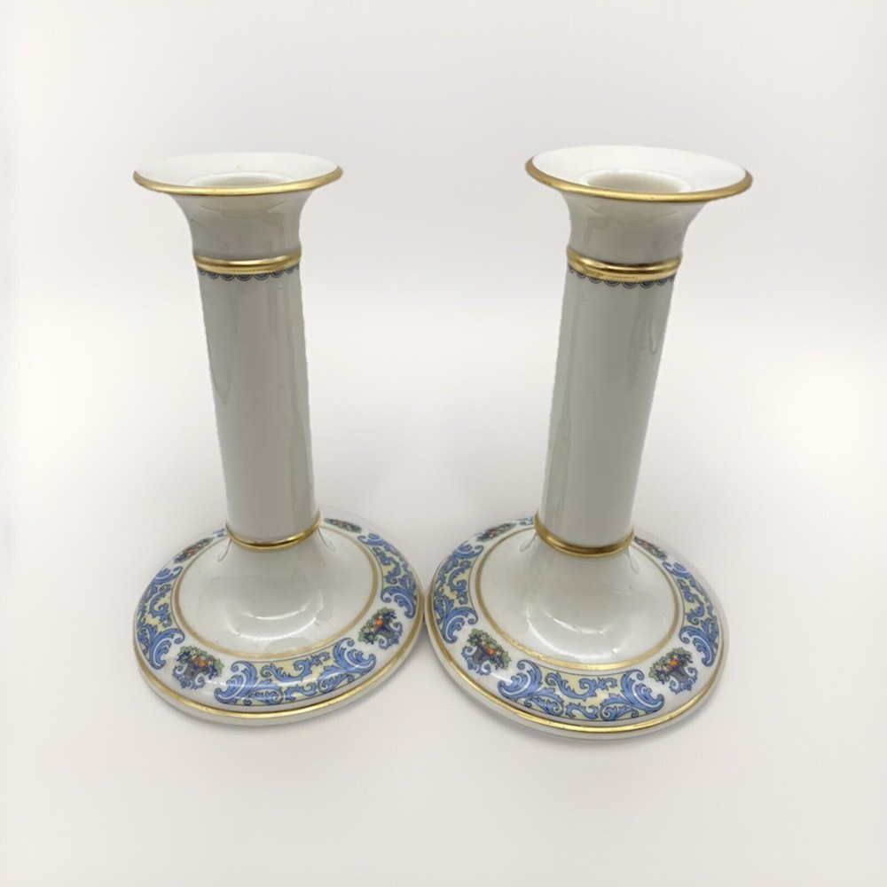 Vtg 2 Ivory Porcelain Lenox Autumn Column Candlestick Decorated With 24 K Gold