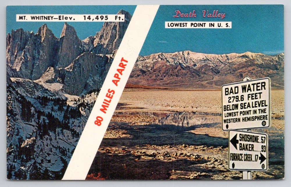 Death Valley & Mt. Whitney Highest Lowest Points CA Vintage Postcard