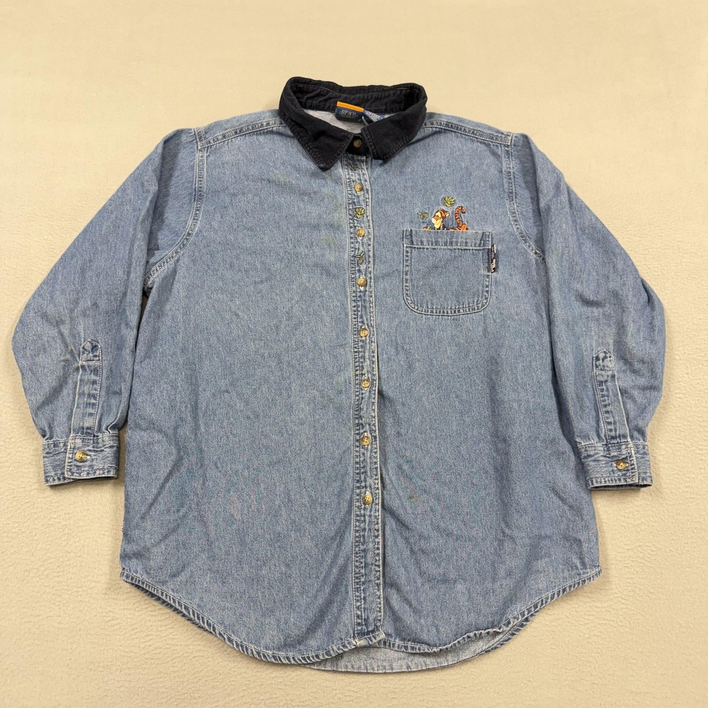 Pooh Shirt Womens 14W/16W Blue Denim Tigger Embroidered Button Corduroy Collar