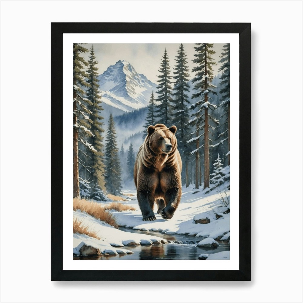 Grizzly Bear Winter Landscape Art P Framed Wall Art Poster Canvas Print Picture