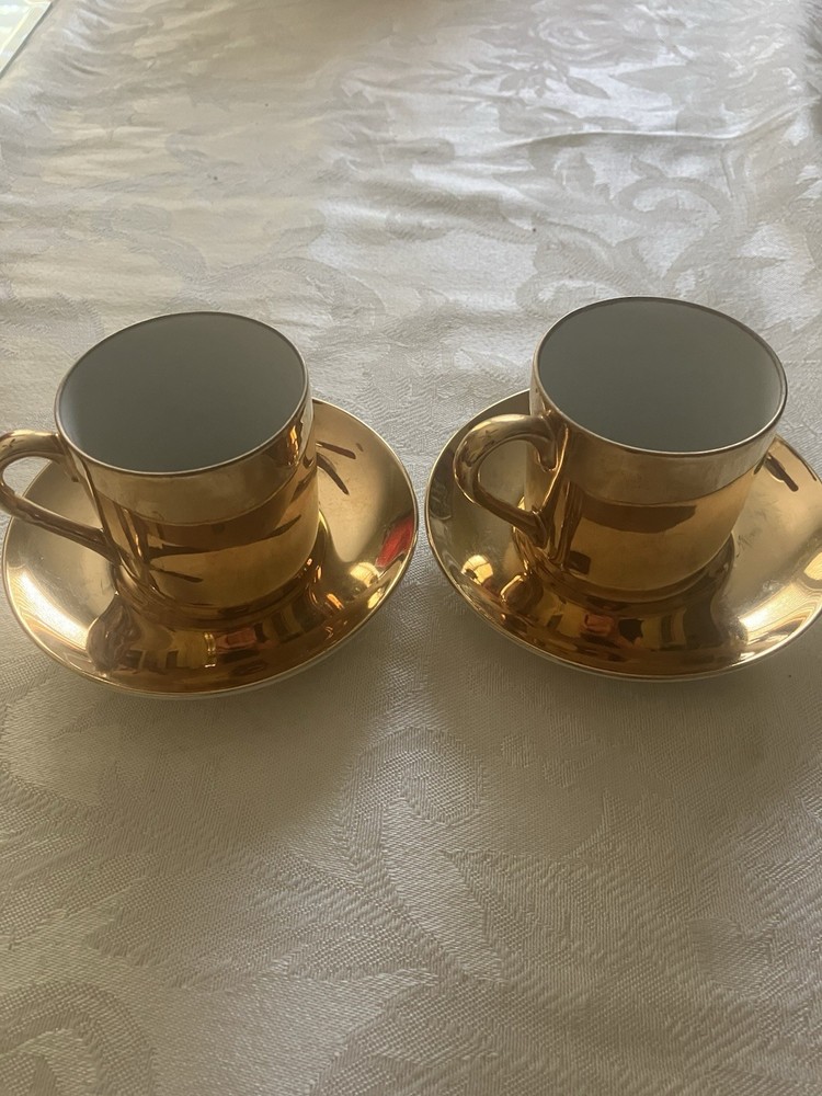 (2) FF Fitz and Floyd Gold Espresso Demitasse Tea Cup And Saucer MCM Stamped FF
