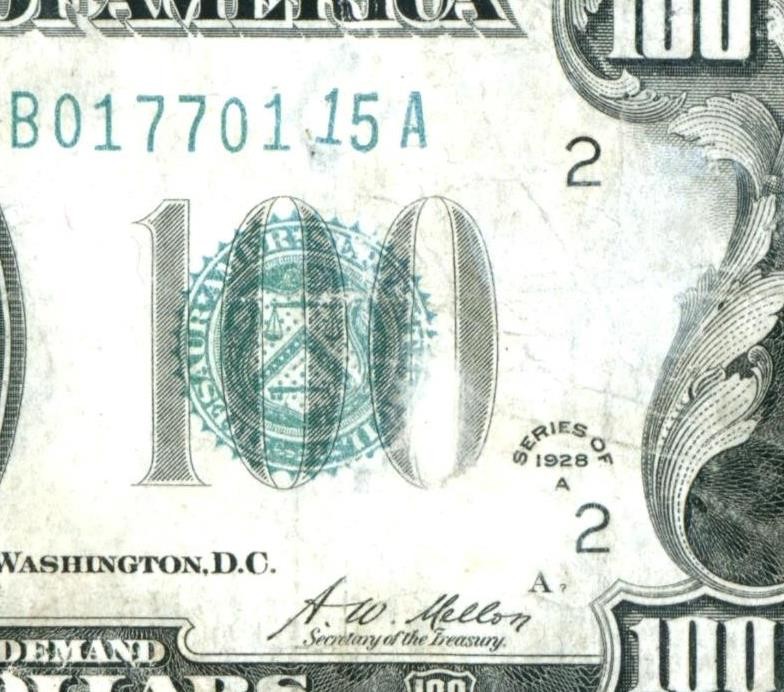 (Error - Gas Pump Digit) $100 1928 Federal Reserve Note (Washed/ Erased)