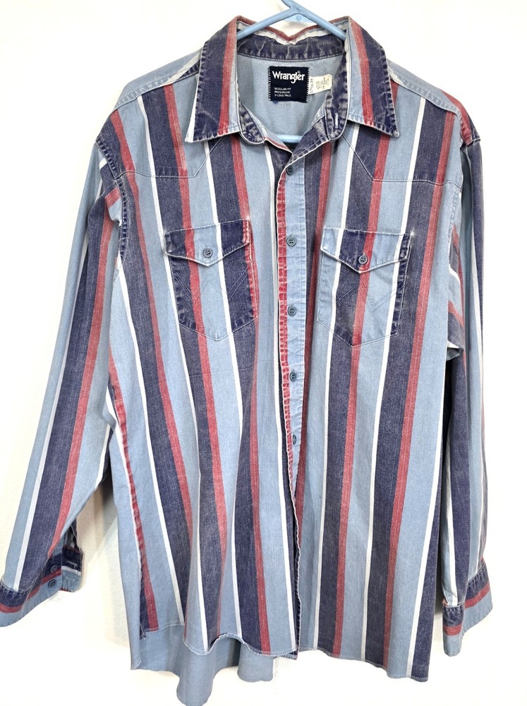 Vintage Wrangler Brushpopper Shirt 17 1/2 x 35 USA made striped cotton western