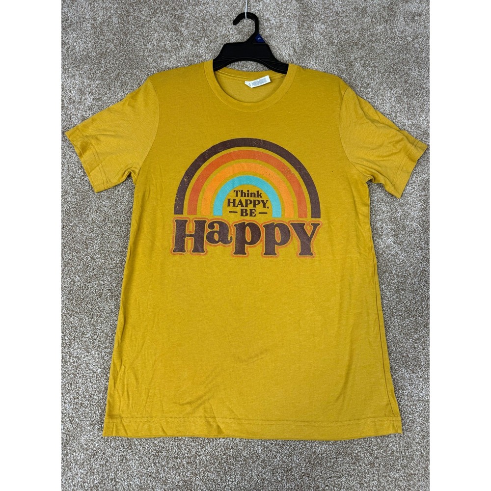 Bella Canvas Mustard Yellow Think Happy Be Happy Rainbow T-Shirt Medium Boho Sun