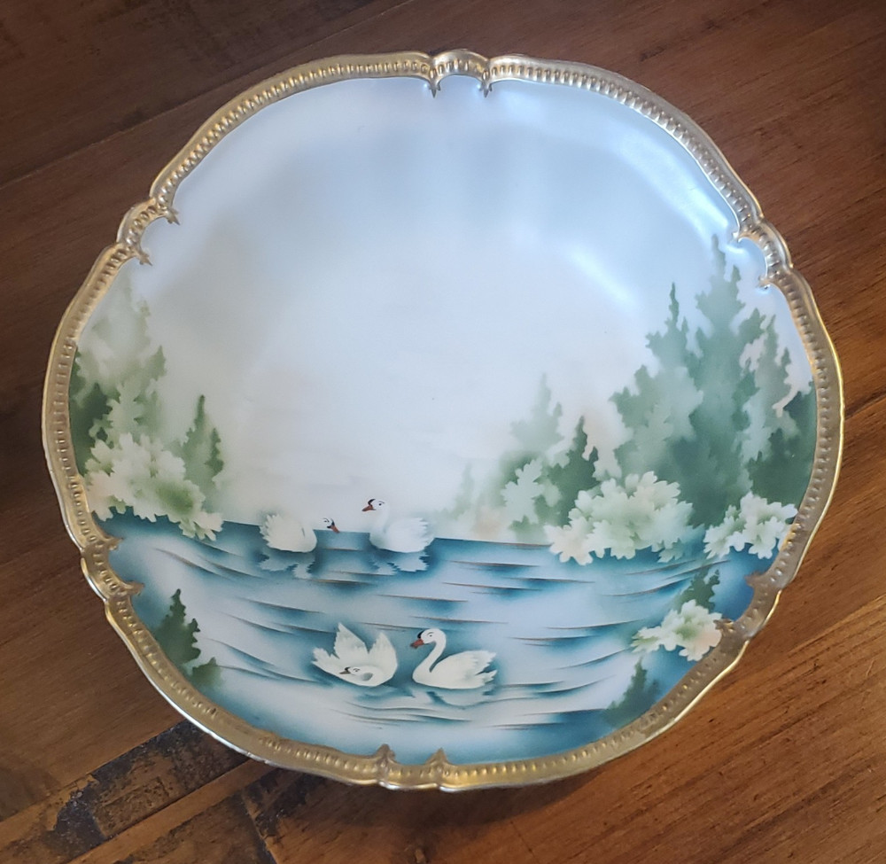 RS Prussia Porcelain Swan Lake Bowl With a Gold Trim.