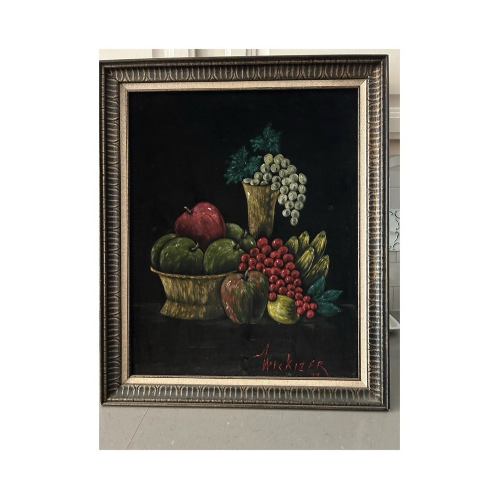 Framed MCM Still Life Oil Painting On Velvet Featuring Fruit Hand Signed