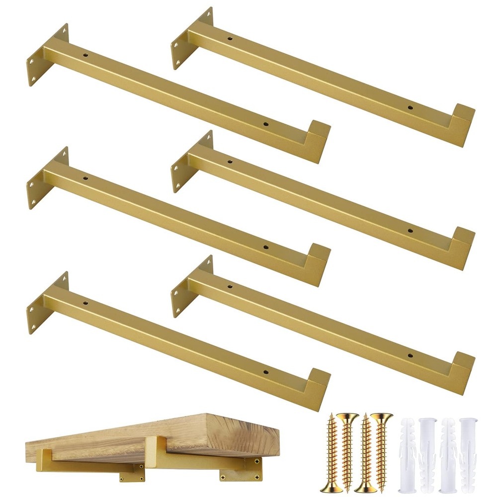 6-Pack 12-Inch Gold Floating Shelf Brackets with Lip – Heavy-Duty Industrial Style for Modern Shelving Solutions