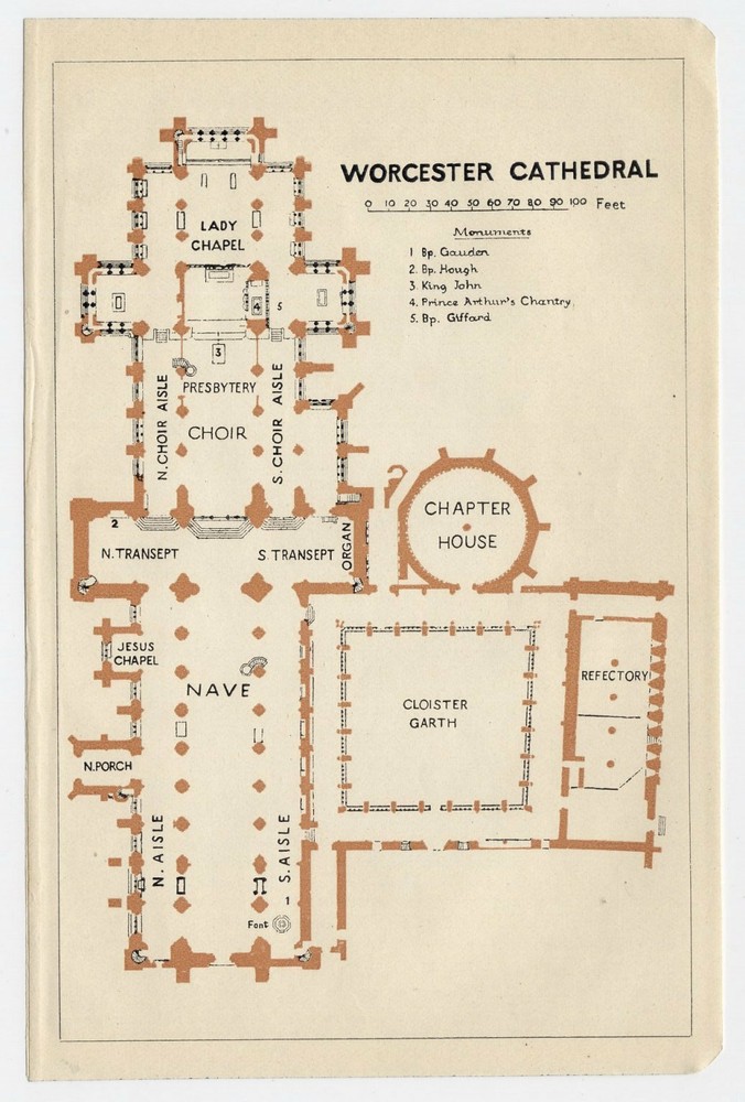 1924 Original Vintage Plan Of Worcester Cathedral / England