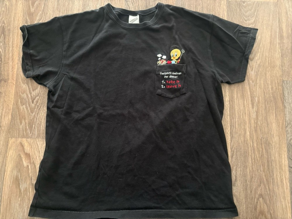 Vintage Tweety Embroidered Pocket Shirt Mens L Looney tunes Tee Cartoon 90s