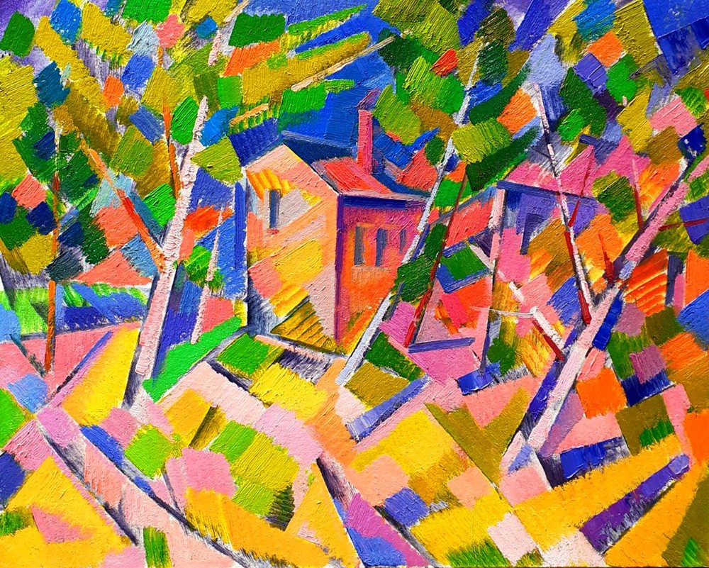 Abstract Oil Painting of Forest Houses by Tovpev P. - Original Unframed Artwork nDobr841-image