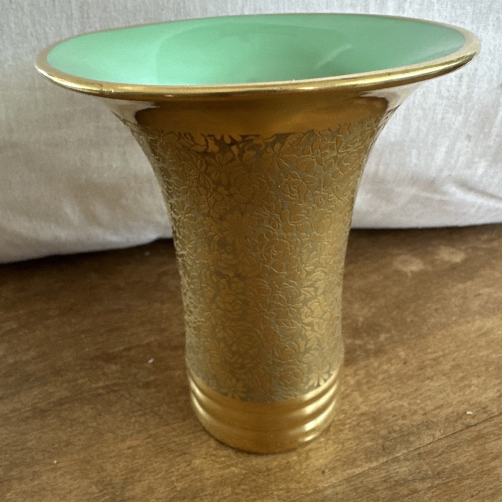 Art Deco Pickard Porcelain Vase Gold Rose Daisy Pattern Minty Green Signed/ Chip