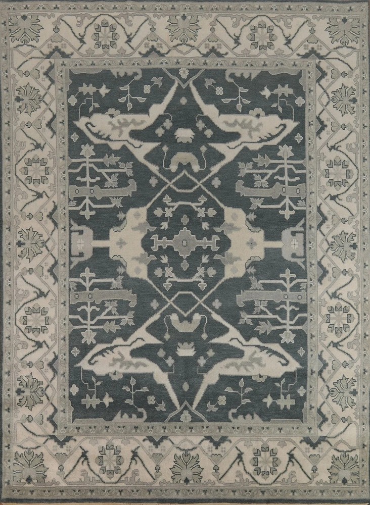 Hand Knotted Oushak Rug Wool Area Rug Slate Blue Charcoal Gray Ivory Floral rug