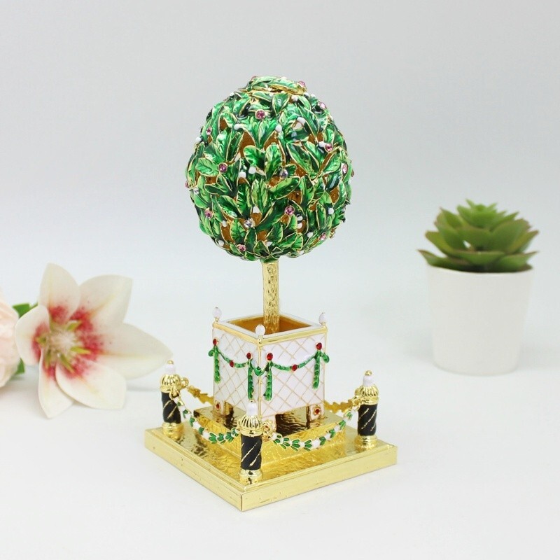 Green Leaf Faberge Egg Trinket Box with Bird by SHINNYGIFTS