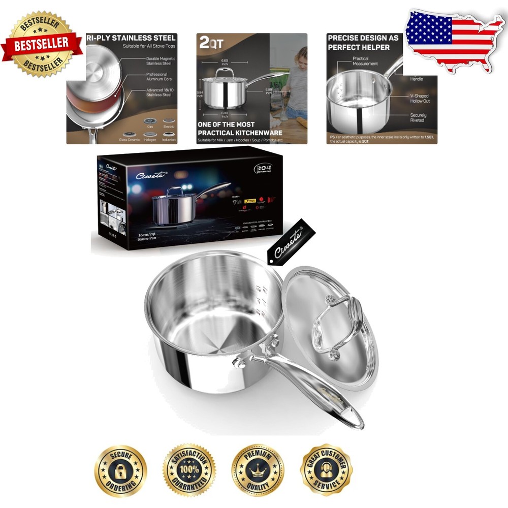 Premium 2QT Stainless Steel Saucepan with Ergonomic Handle & Measurement Lines
