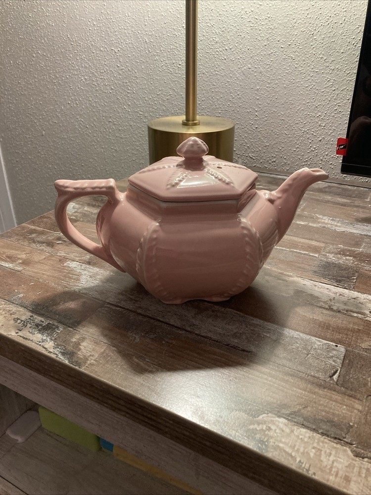 Vintage 1940s Hall Victorian Feather Plume Starfish Rose Pink Teapot