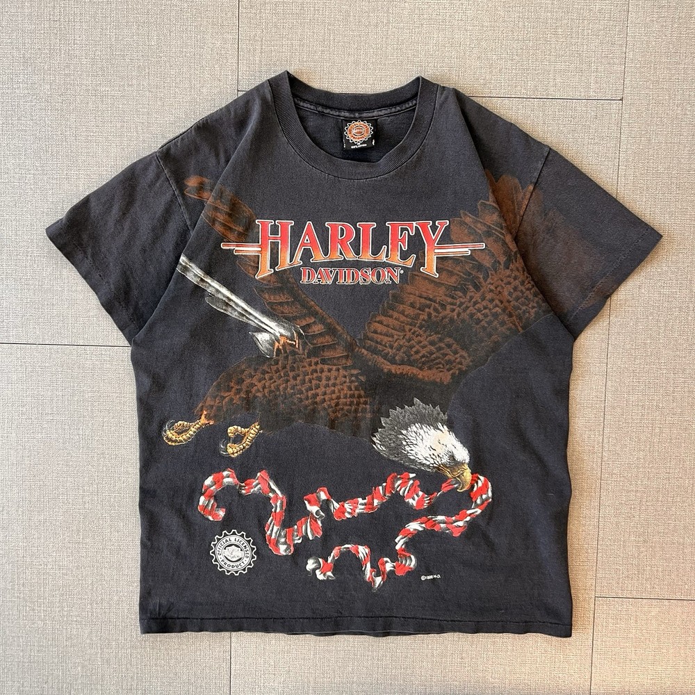 VTG 1996 Harley Davidson Shirt Men’s M Black AOP Eagle All Over Print Tee USA