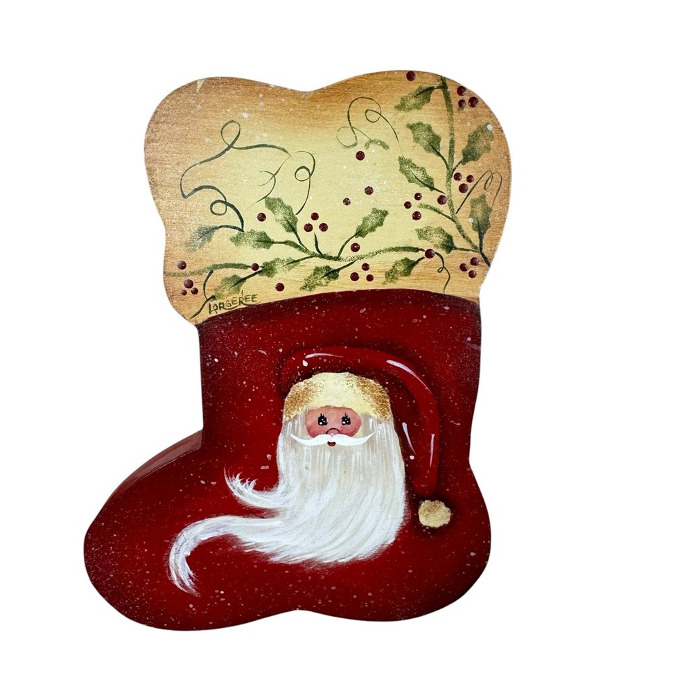 Vintage Hand Crafted Wooden Santa Stocking Wall Hanging Holiday Christmas Decor