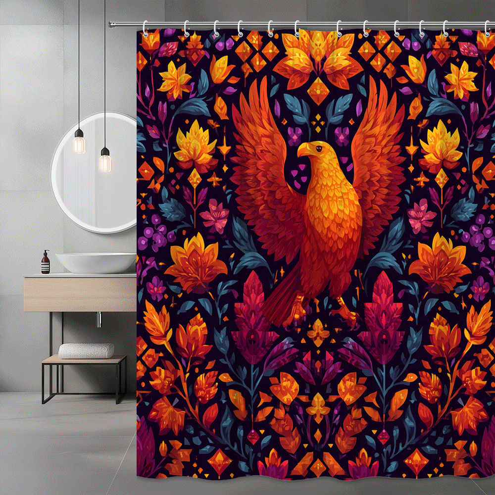 Phoenix Floral Shower Curtain, Autumn Bird and Leaf Print