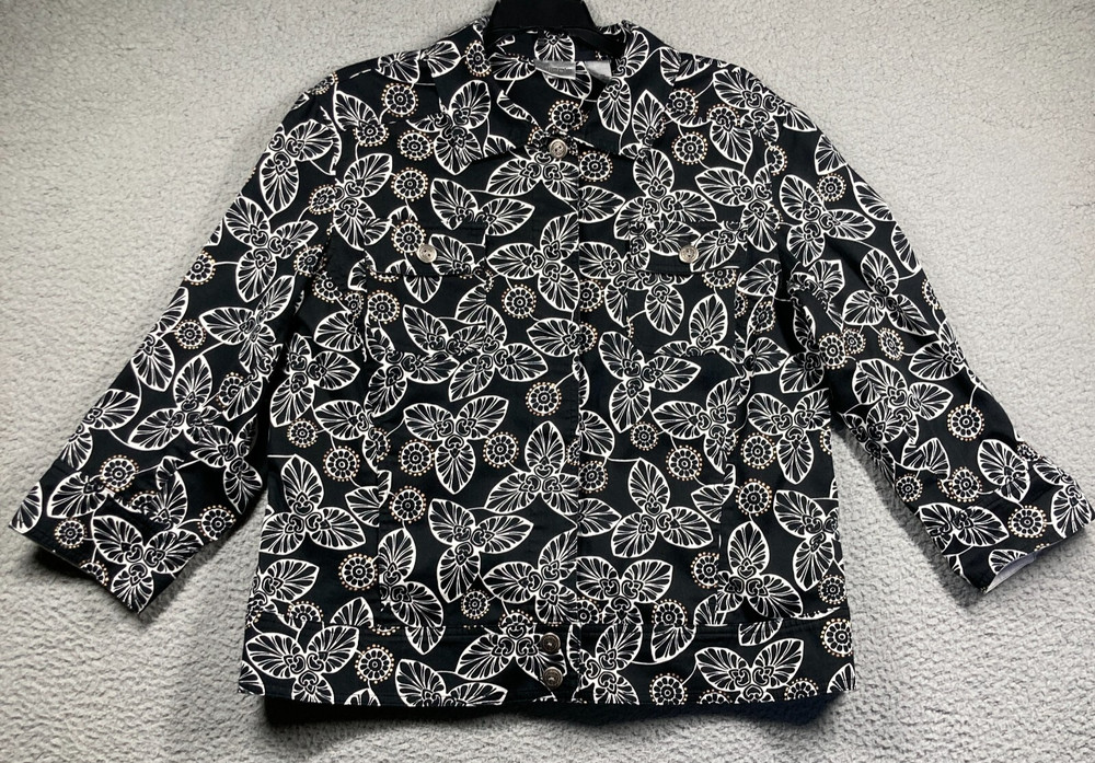 Chico's Blazer Women's 2 (Large) Black Print Jacket Shirt Stretch Office Core